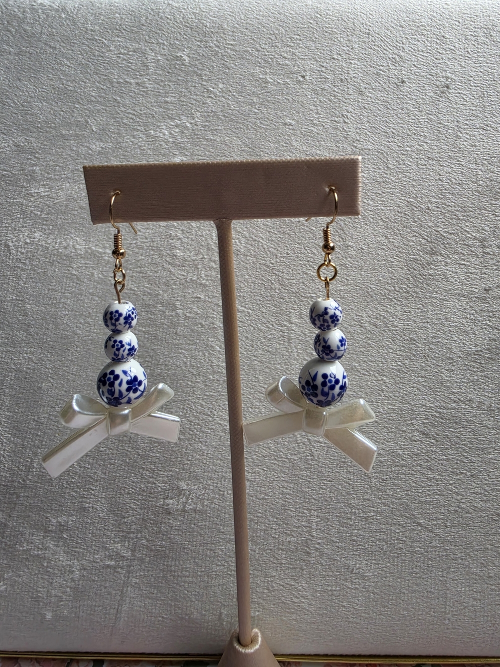 Blue & Ivory Porcelain Bead Drop Earrings with Resin Bow